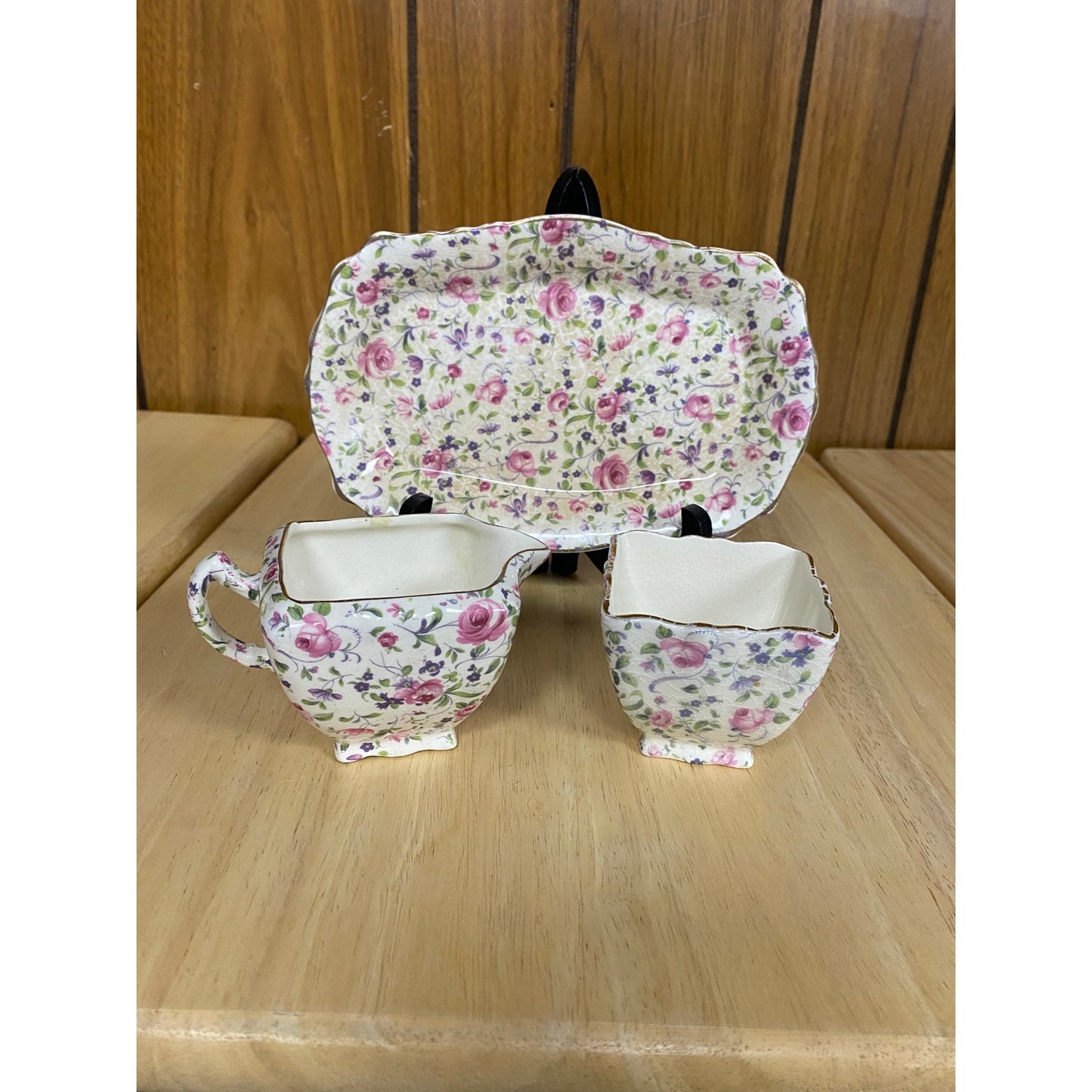 James Kent Longton Vintage Chelsea Rose Chintz Creamer Sugar & Tray