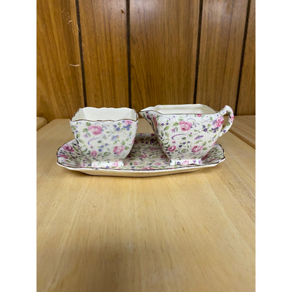 James Kent Longton Vintage Chelsea Rose Chintz Creamer Sugar & Tray