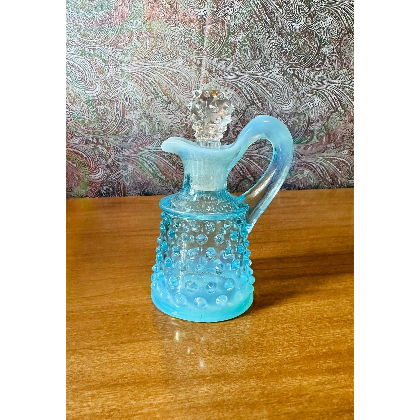 Set of vintage Fenton blue topaz hobnail glass creamer two curettes with stoppers and ruffled rim basket