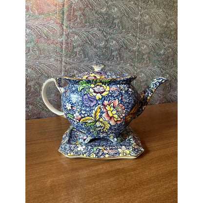 Rare Vintage Royal winton chintz blue Anemone teapot with matching plate/display stand