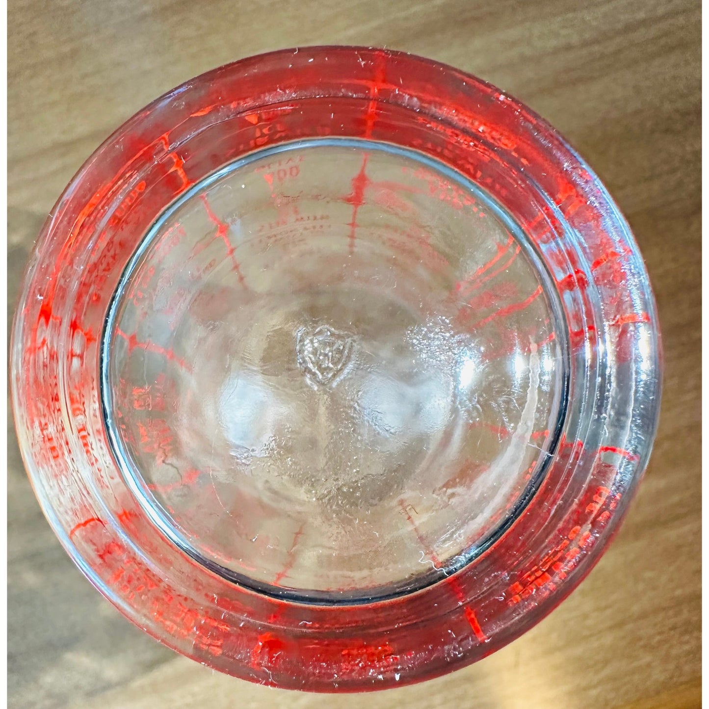 Vintage Federal glass red bartender measuring/mixing glass with 7 drink recipes.