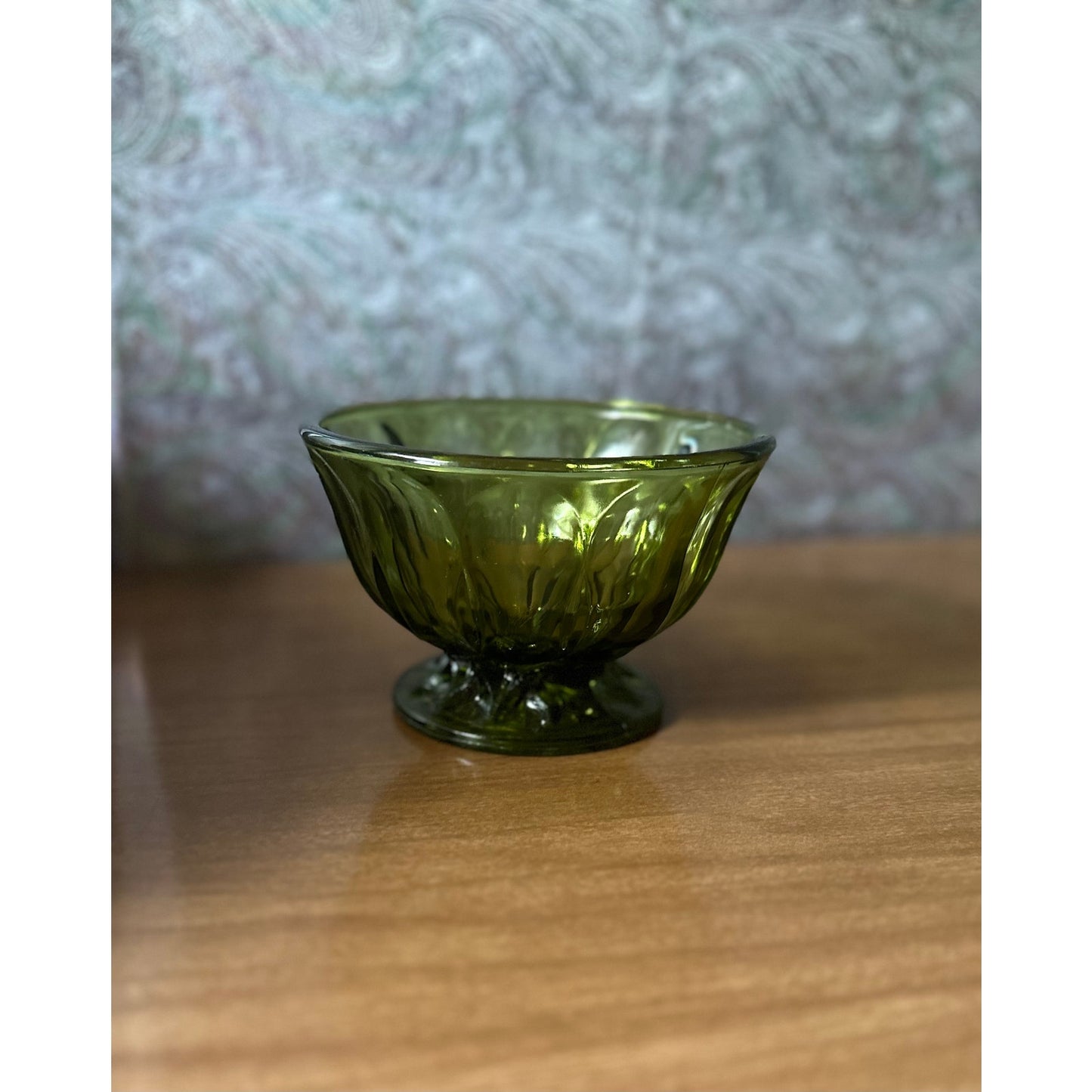 Vintage Anchor Hocking Fairfield green glass pedestal candy bowl/Trinket dish