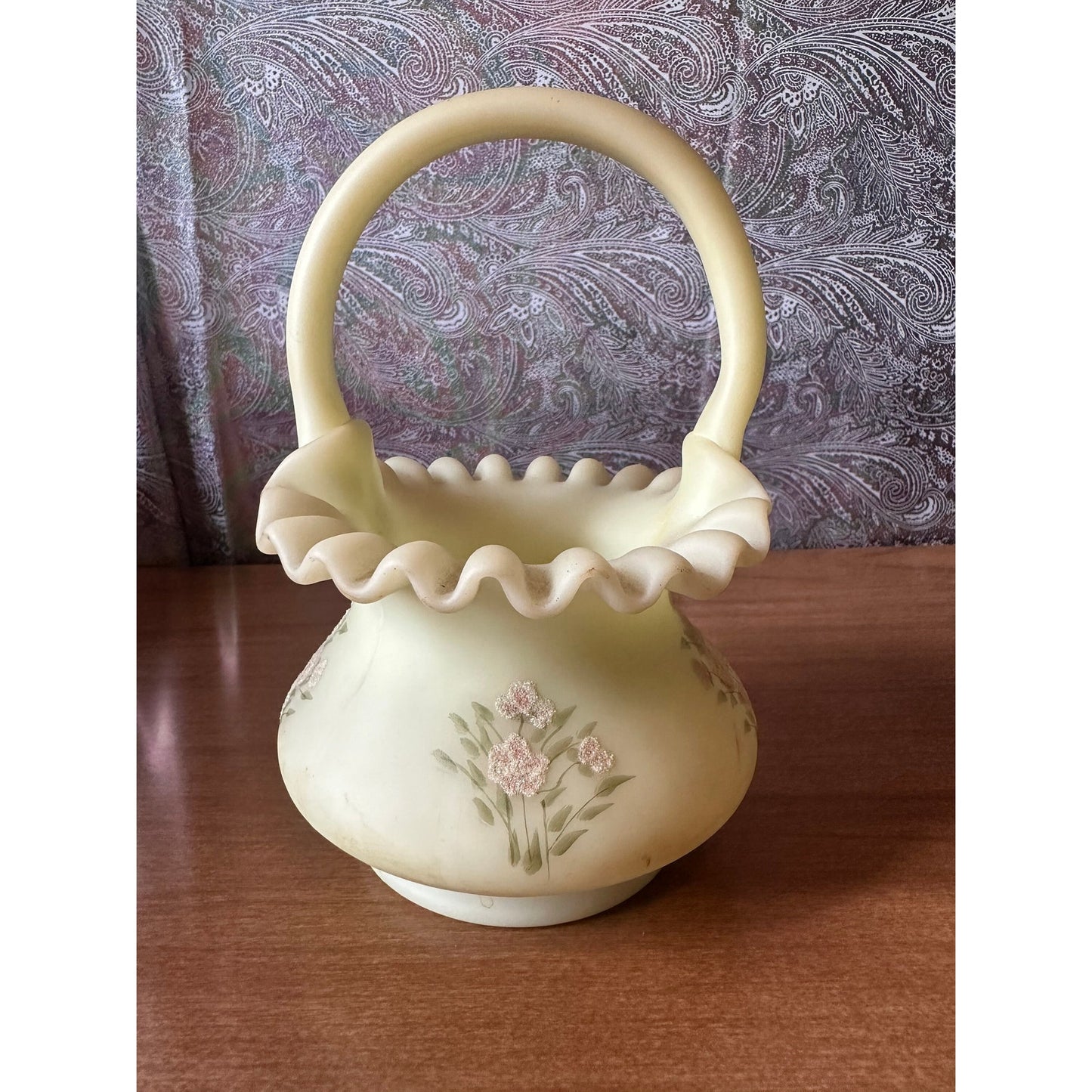 Vintage Fenton custard basket with ruffled edges pink flowers and signature