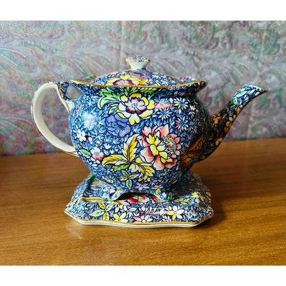 Rare Vintage Royal winton chintz blue Anemone teapot with matching plate/display stand