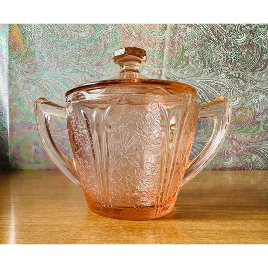 Vintage glass sugar bowl with lid by Jeannette in cherry blossom pink