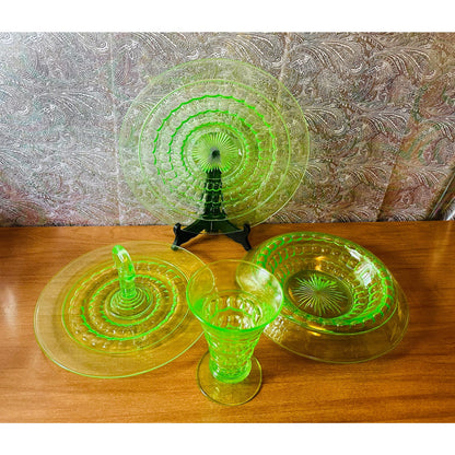 Four piece set of uranium Martha Washington collection by Cambridge glass