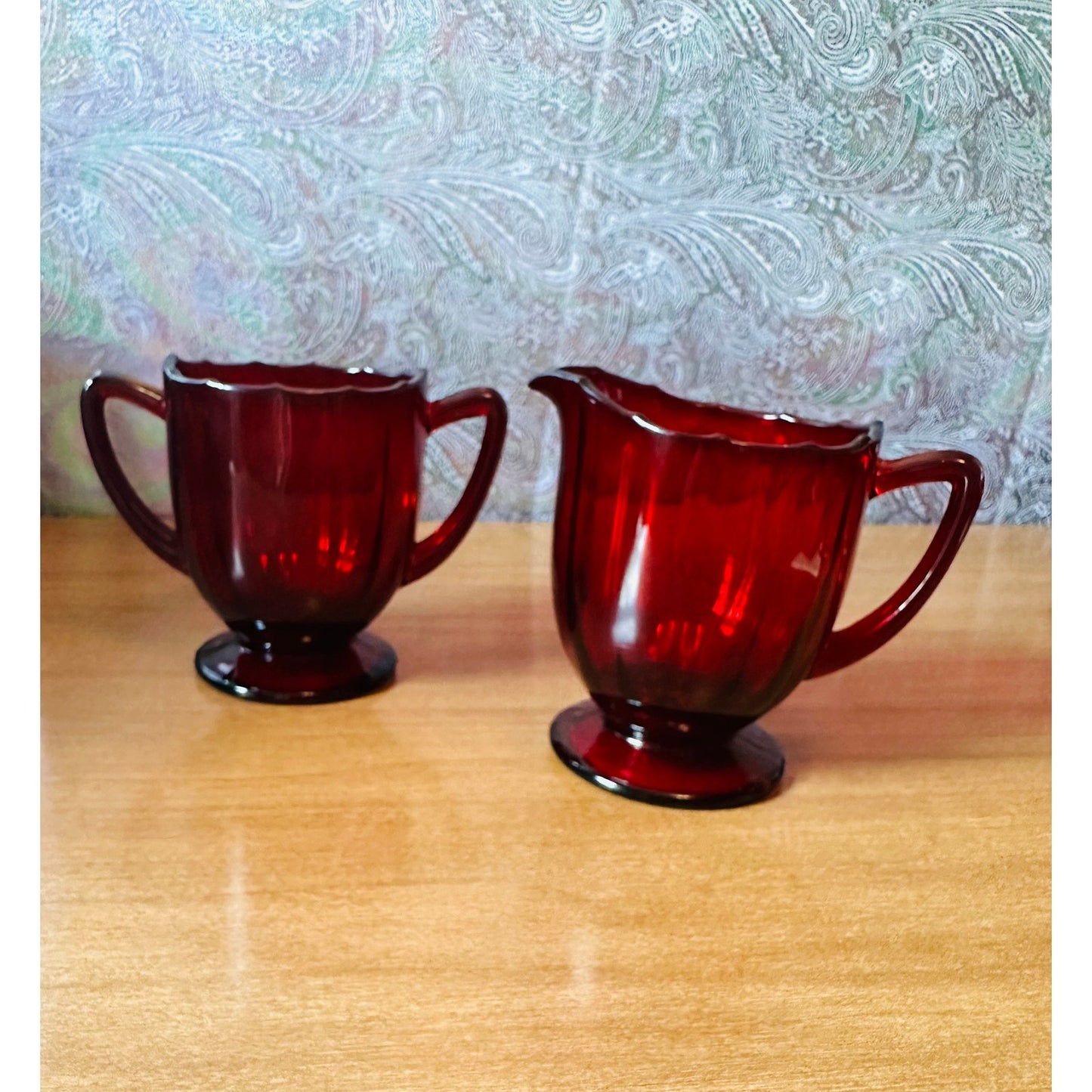 Vintage 34 Ruby Red glass creamer and open sugar set