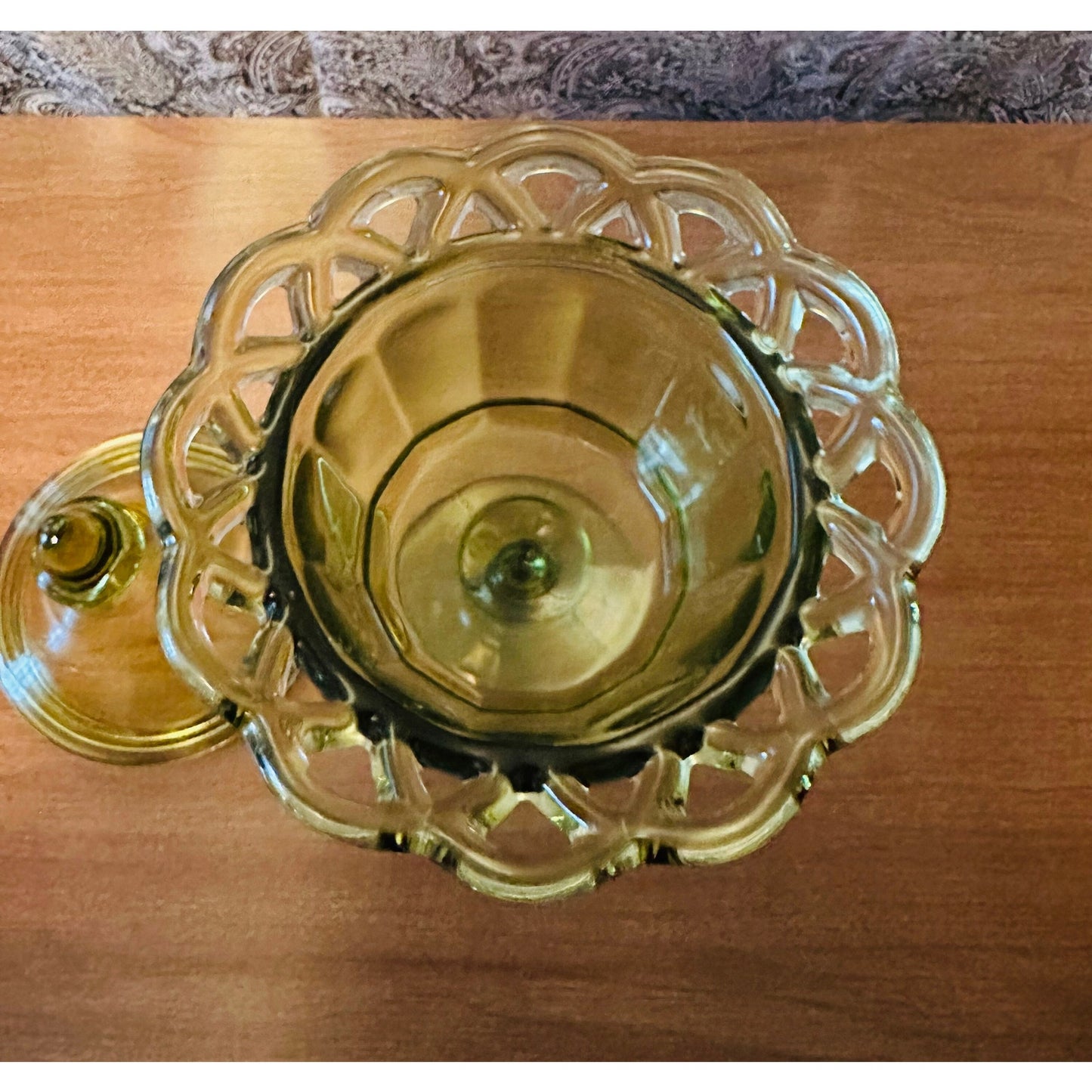 Vintage Avocado green depression glass candy dish with lid Anchor Hocking