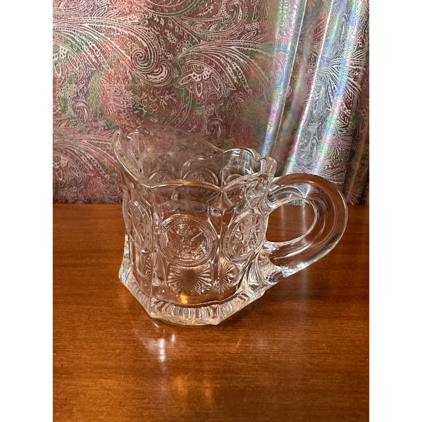 Vintage Fostoria Coin pitcher creamer dish.