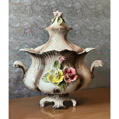 Antique Capodimonte Italian, handmade 15 1/2” tall vase with lid Handles on 3 footed pedestal