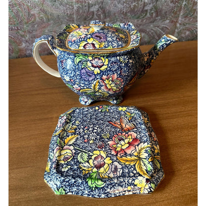 Rare Vintage Royal winton chintz blue Anemone teapot with matching plate/display stand