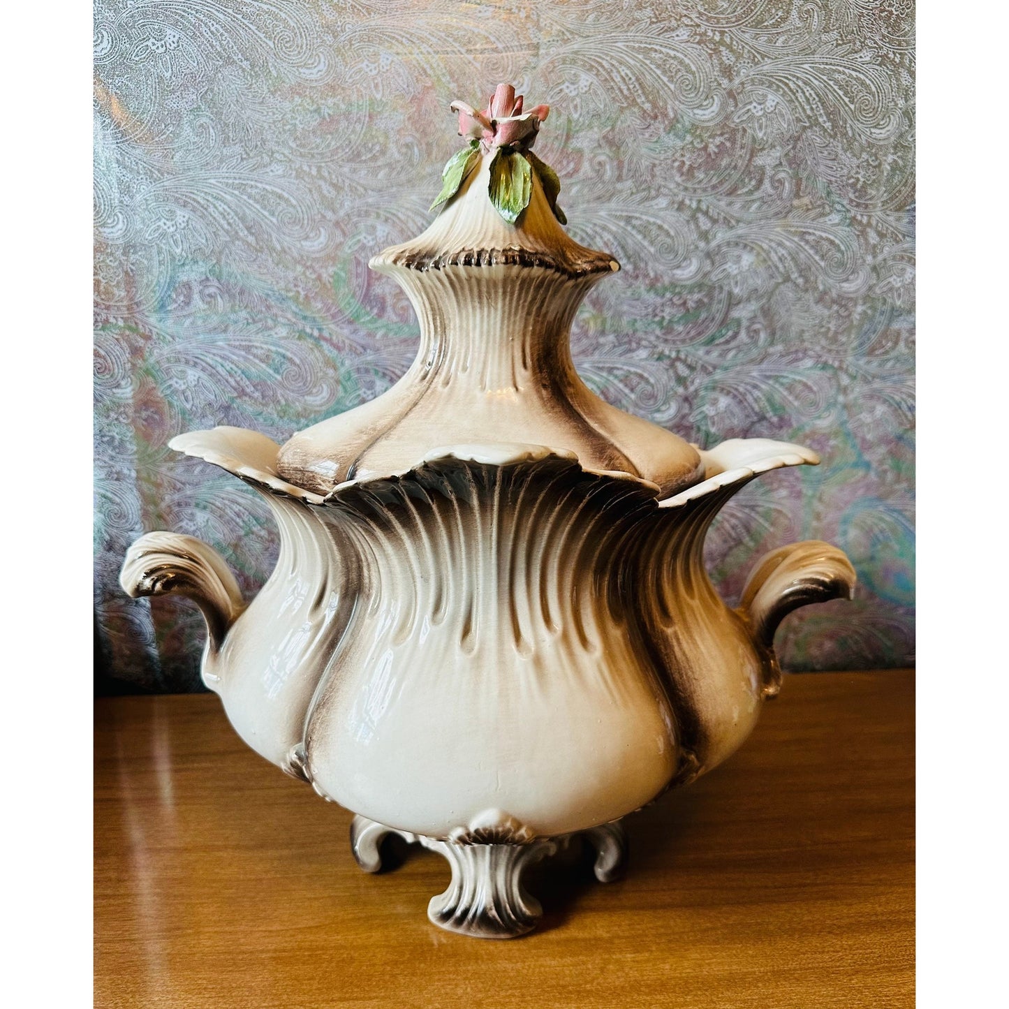 Antique Capodimonte Italian, handmade 15 1/2” tall vase with lid Handles on 3 footed pedestal