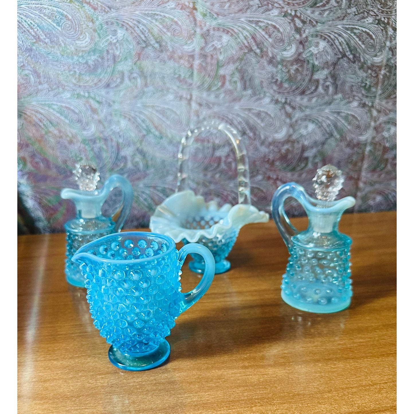 Set of vintage Fenton blue topaz hobnail glass creamer two curettes with stoppers and ruffled rim basket