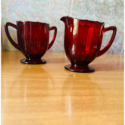 Vintage 34 Ruby Red glass creamer and open sugar set