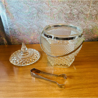 Vintage Anchor Hocking 3 1/2Qt four piece ice bucket set with lid removable handle and tongs