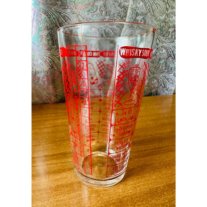 Vintage Federal glass red bartender measuring/mixing glass with 7 drink recipes.