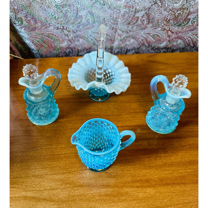 Set of vintage Fenton blue topaz hobnail glass creamer two curettes with stoppers and ruffled rim basket