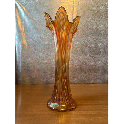 Antique Fenton Boggy bayou 10” tall swing marigold and iridescent carnival glass vase