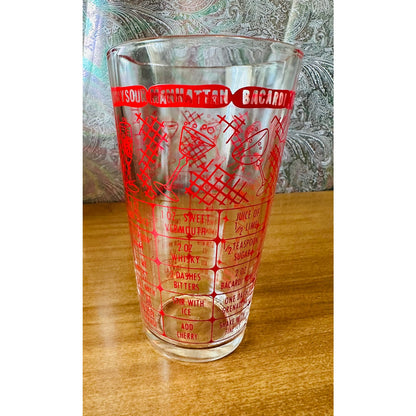 Vintage Federal glass red bartender measuring/mixing glass with 7 drink recipes.