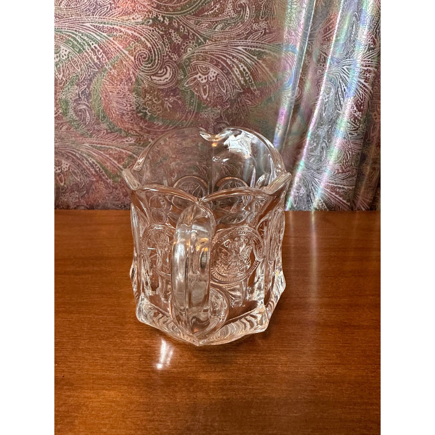 Vintage Fostoria Coin pitcher creamer dish.