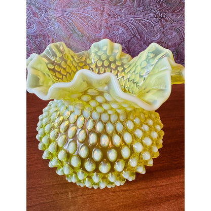 Vintage Fenton yellow topaz opalescent hobnail vase/bowl