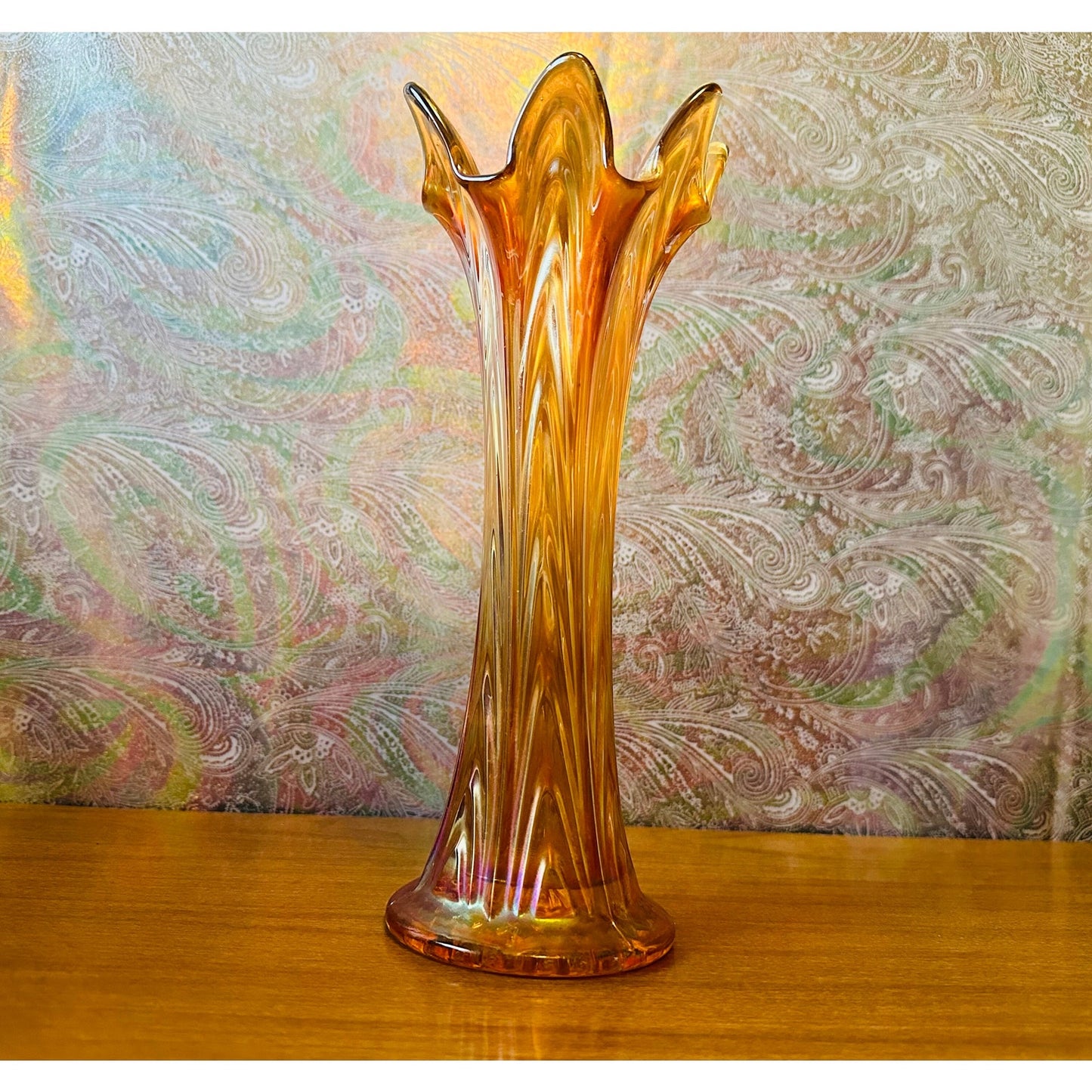 Antique Fenton Boggy bayou 10” tall swing marigold and iridescent carnival glass vase