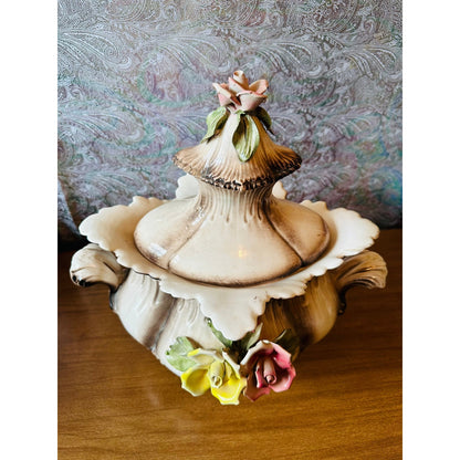 Antique Capodimonte Italian, handmade 15 1/2” tall vase with lid Handles on 3 footed pedestal