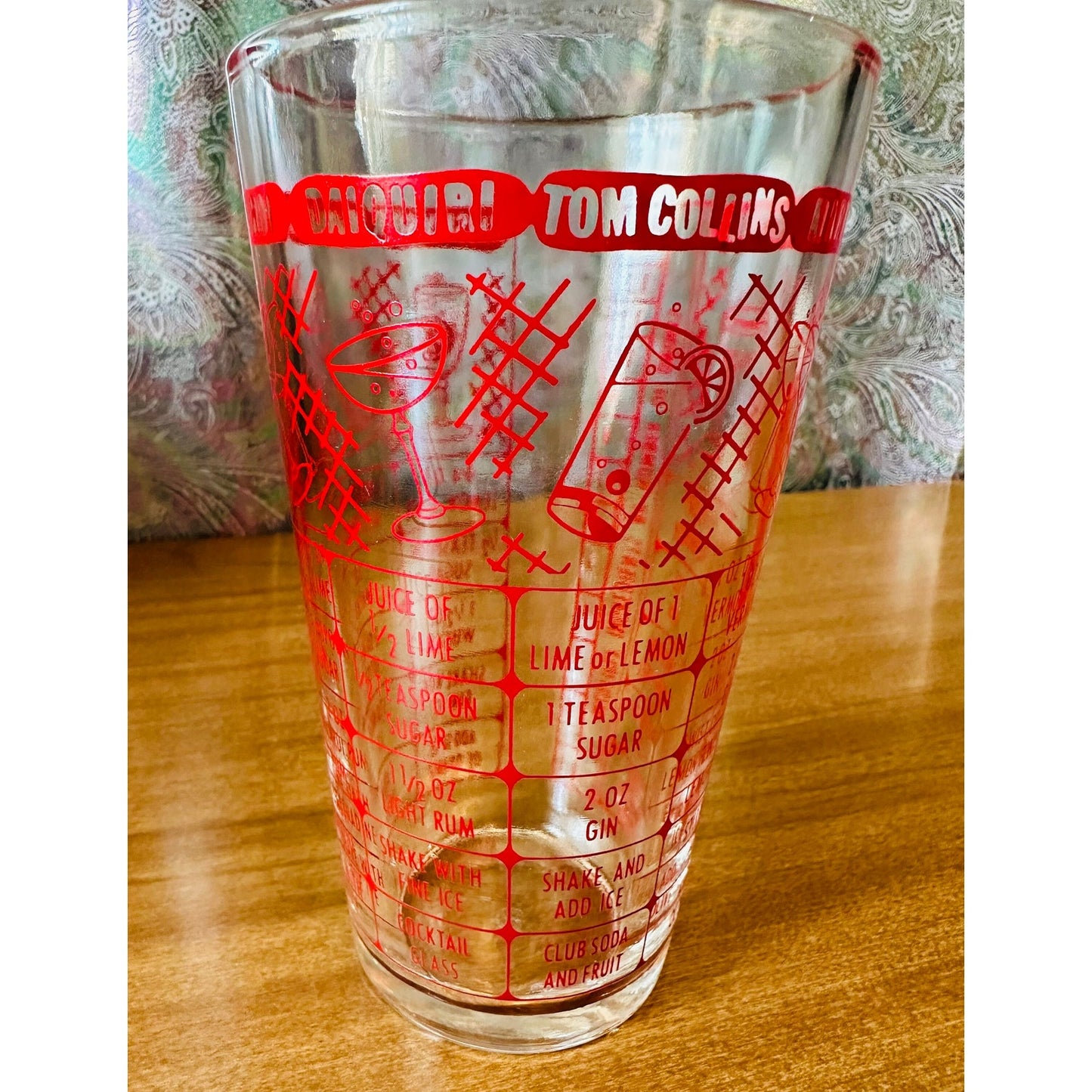 Vintage Federal glass red bartender measuring/mixing glass with 7 drink recipes.