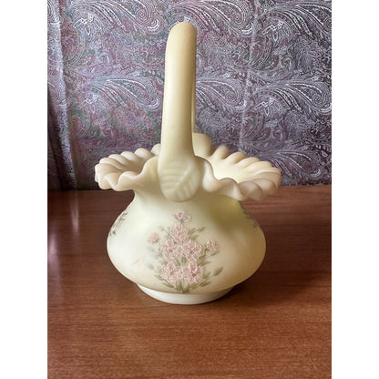 Vintage Fenton custard basket with ruffled edges pink flowers and signature