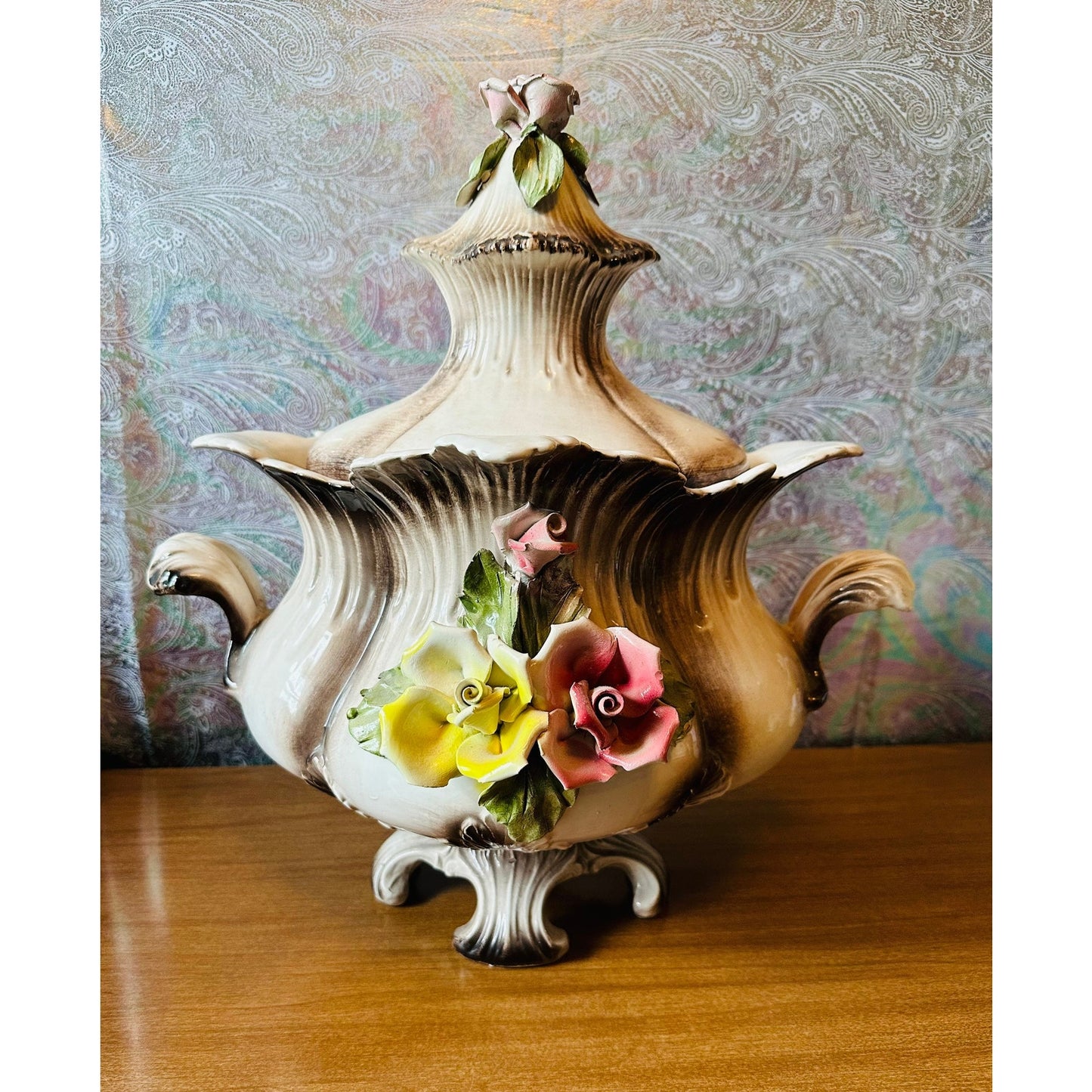 Antique Capodimonte Italian, handmade 15 1/2” tall vase with lid Handles on 3 footed pedestal