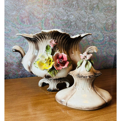 Antique Capodimonte Italian, handmade 15 1/2” tall vase with lid Handles on 3 footed pedestal