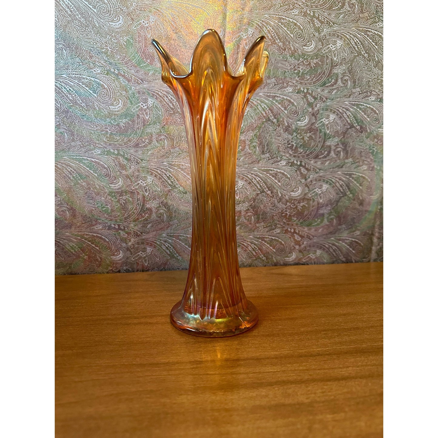 Antique Fenton Boggy bayou 10” tall swing marigold and iridescent carnival glass vase