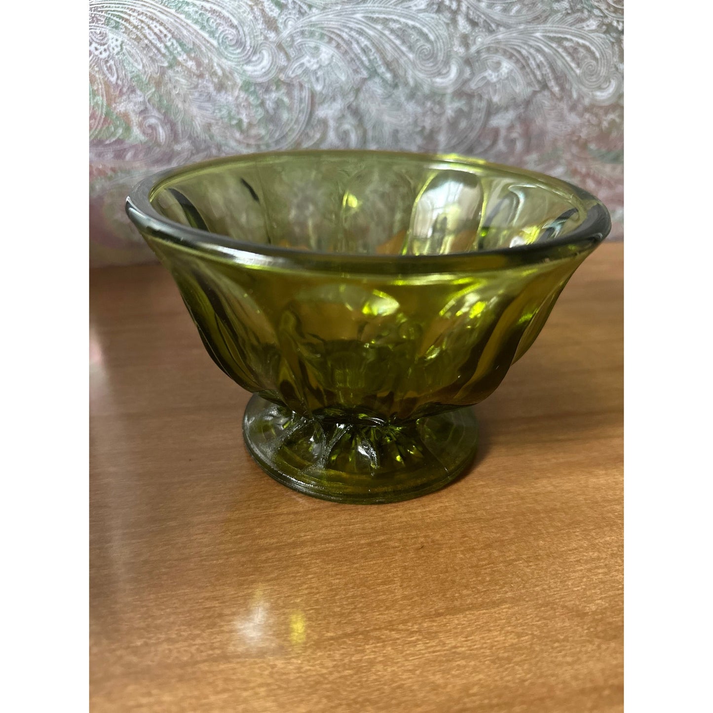 Vintage Anchor Hocking Fairfield green glass pedestal candy bowl/Trinket dish