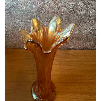 Antique Fenton Boggy bayou 10” tall swing marigold and iridescent carnival glass vase