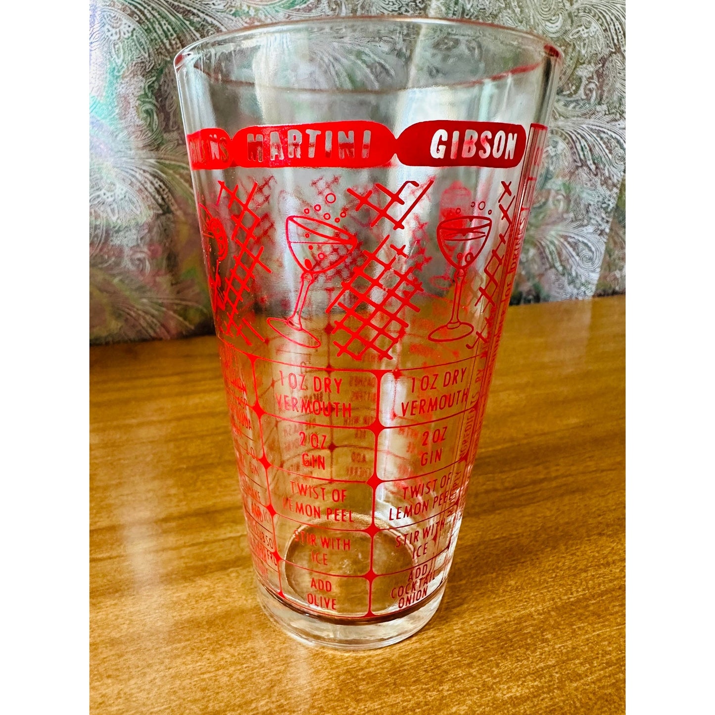 Vintage Federal glass red bartender measuring/mixing glass with 7 drink recipes.