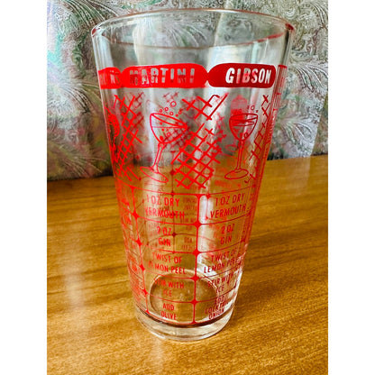 Vintage Federal glass red bartender measuring/mixing glass with 7 drink recipes.