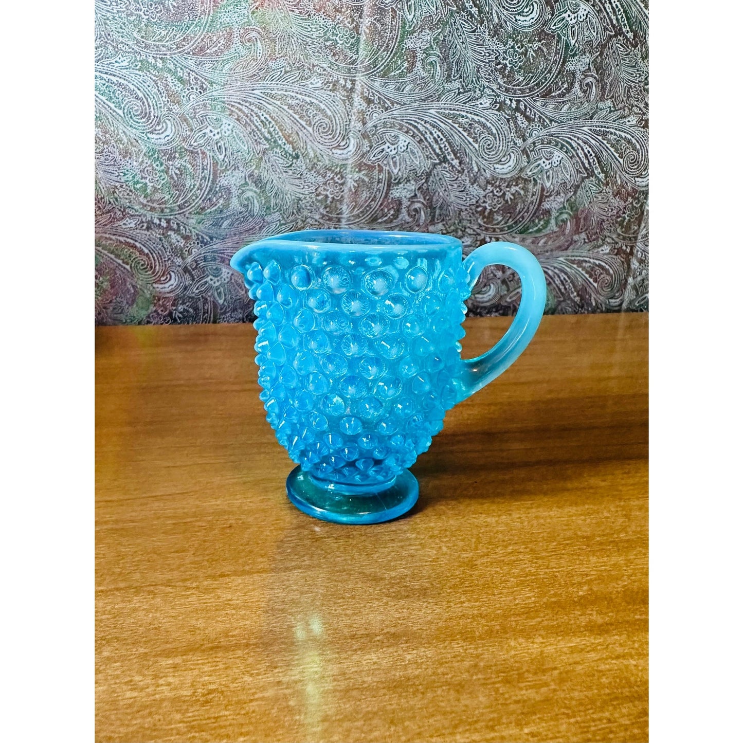 Set of vintage Fenton blue topaz hobnail glass creamer two curettes with stoppers and ruffled rim basket