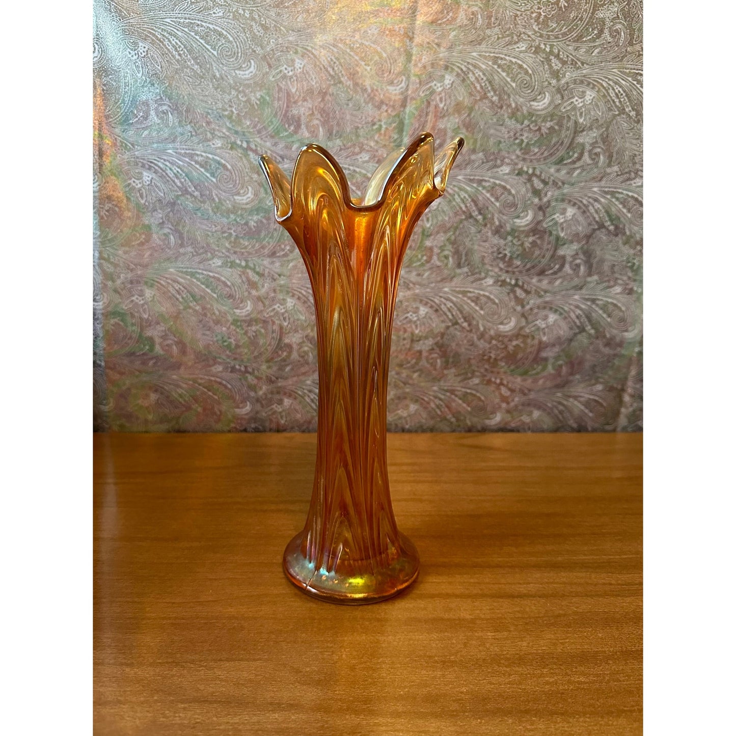 Antique Fenton Boggy bayou 10” tall swing marigold and iridescent carnival glass vase