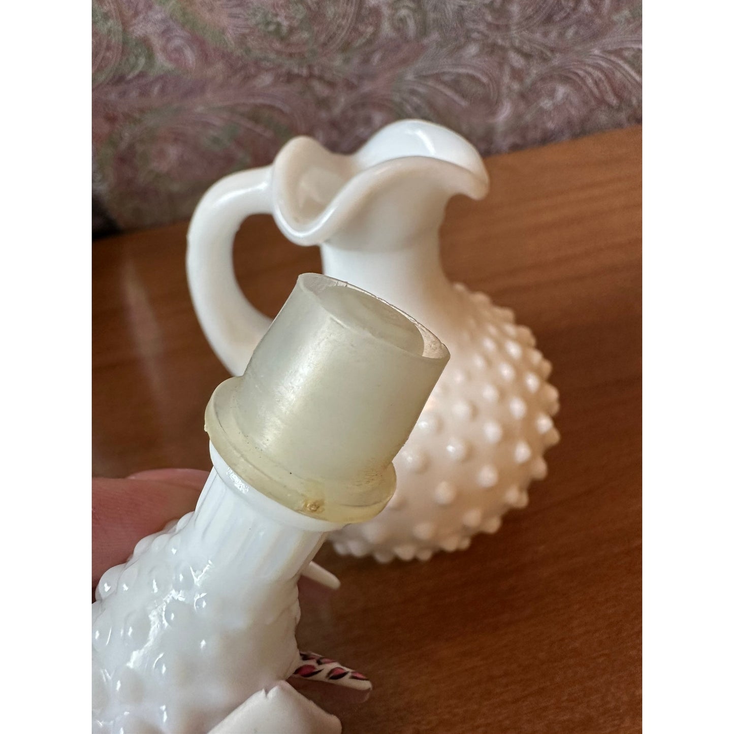 Vintage Avon hobnail milk-glass perfume/oil bottle with stopper