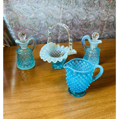 Set of vintage Fenton blue topaz hobnail glass creamer two curettes with stoppers and ruffled rim basket