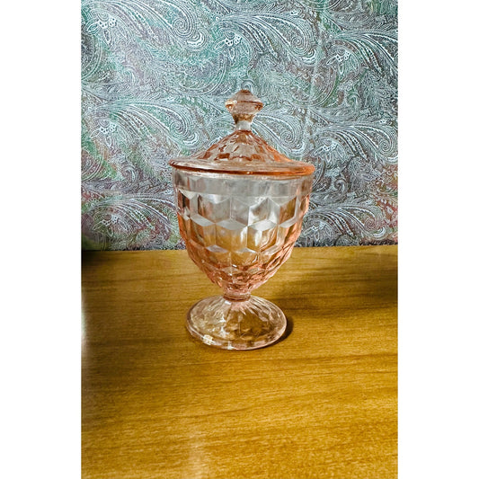 Vintage Jeannette candy dish with lid in cube pink