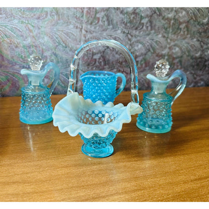 Set of vintage Fenton blue topaz hobnail glass creamer two curettes with stoppers and ruffled rim basket