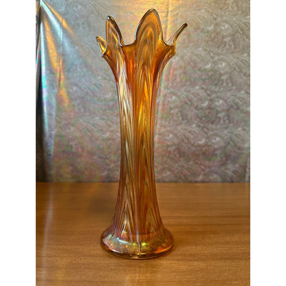 Antique Fenton Boggy bayou 10” tall swing marigold and iridescent carnival glass vase