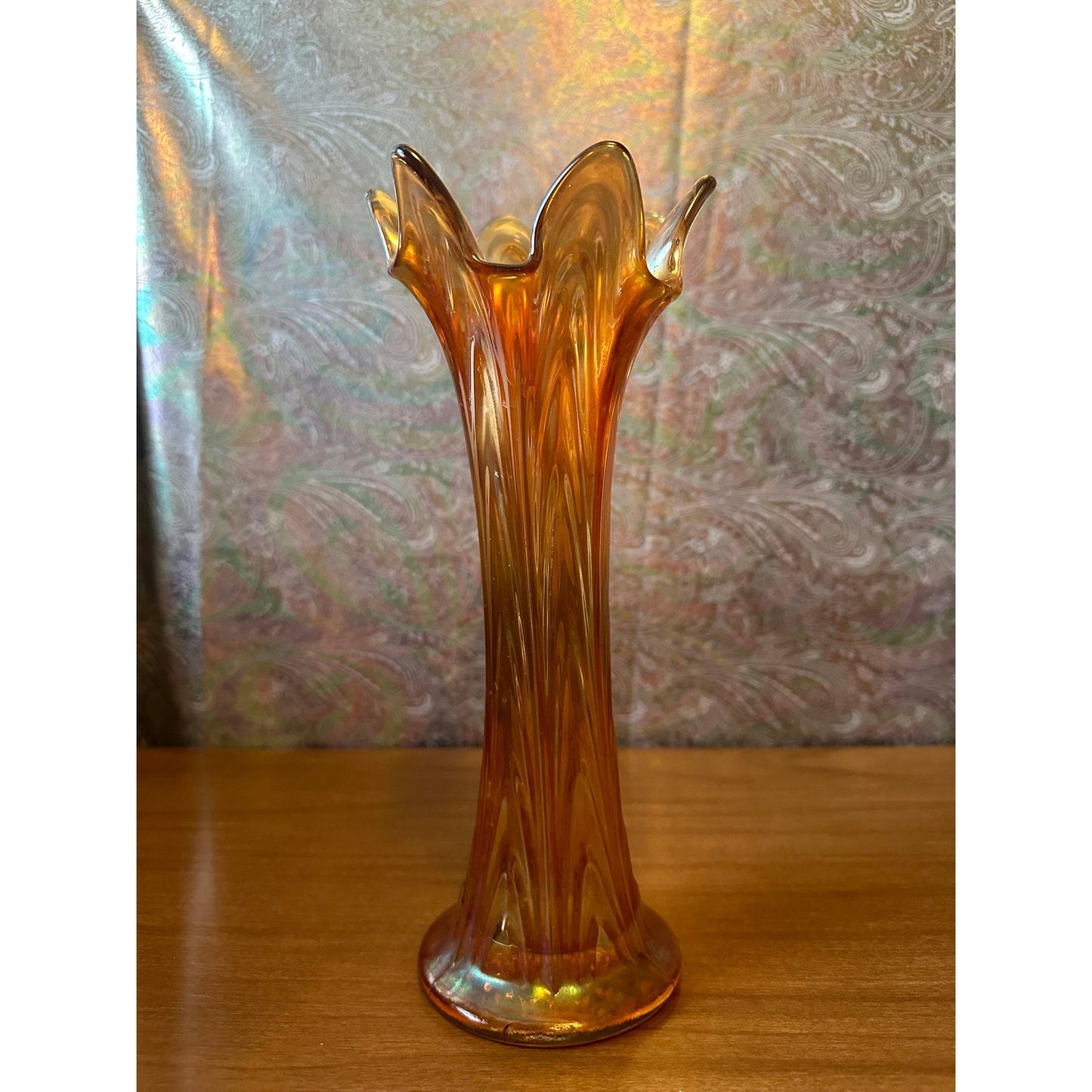 Antique Fenton Boggy bayou 10” tall swing marigold and iridescent carnival glass vase