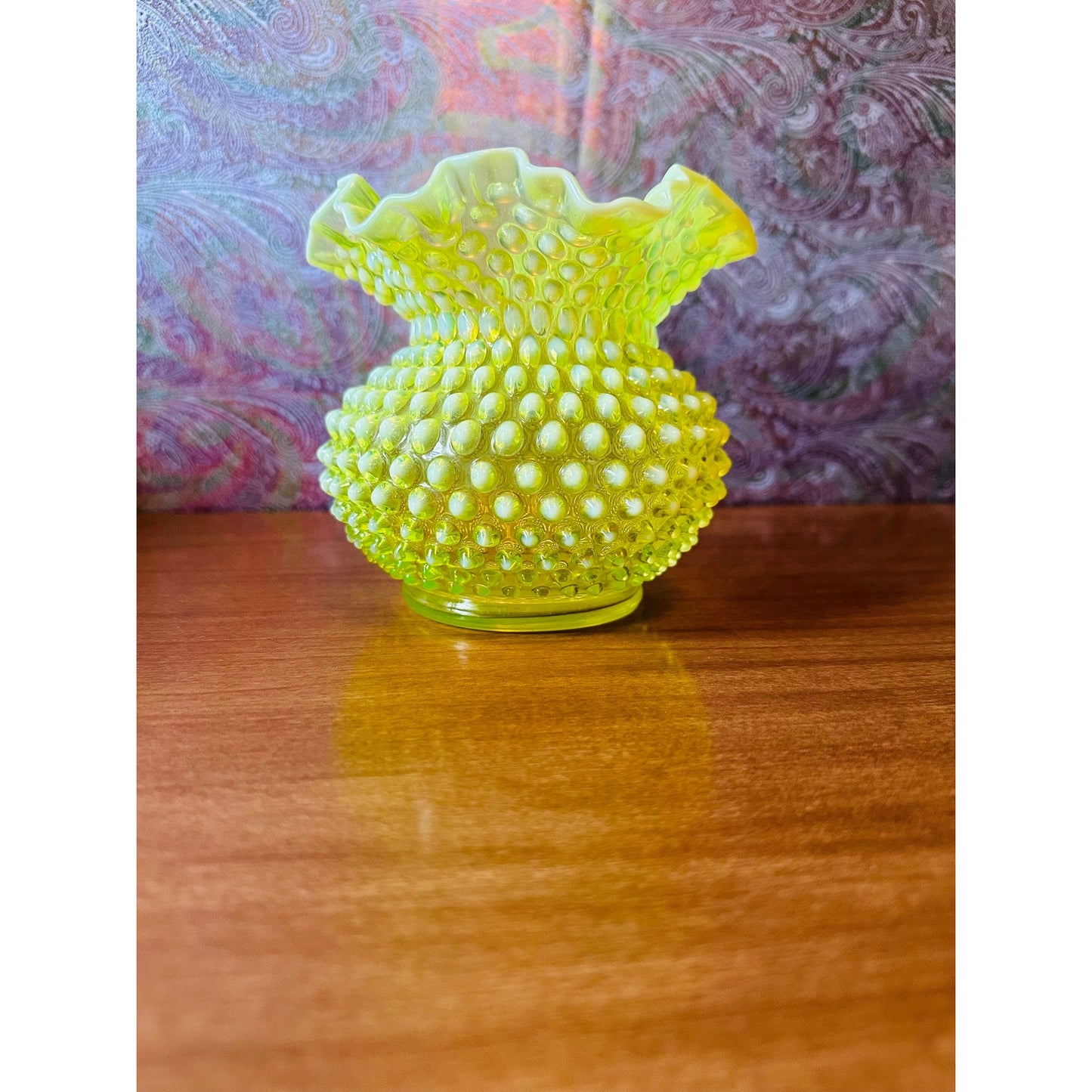 Vintage Fenton yellow topaz opalescent hobnail vase/bowl